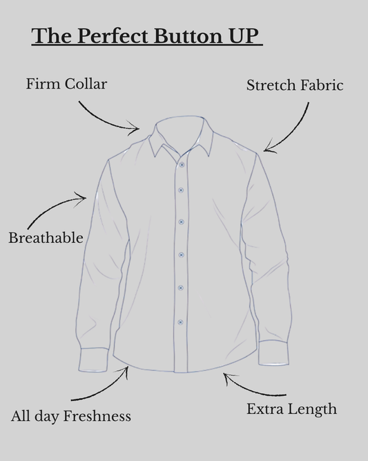 B.Balanced Co white button-up shirt featuring a firm collar, breathable stretch fabric, and extra length for comfort.