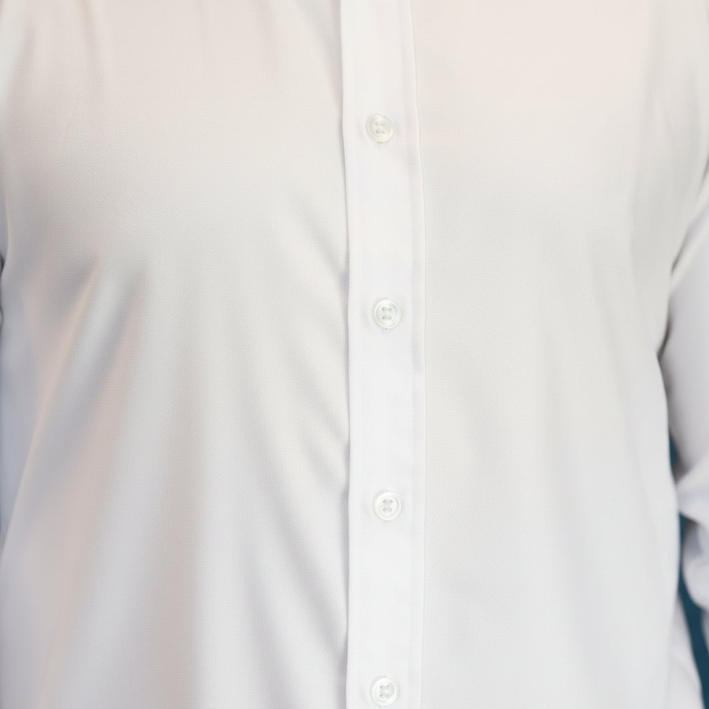 Close up of white button up