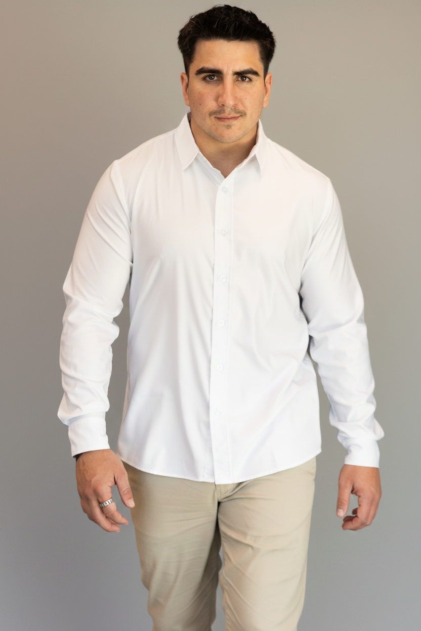 Man wearing a white shirt against a blue background with text indicating size and height.