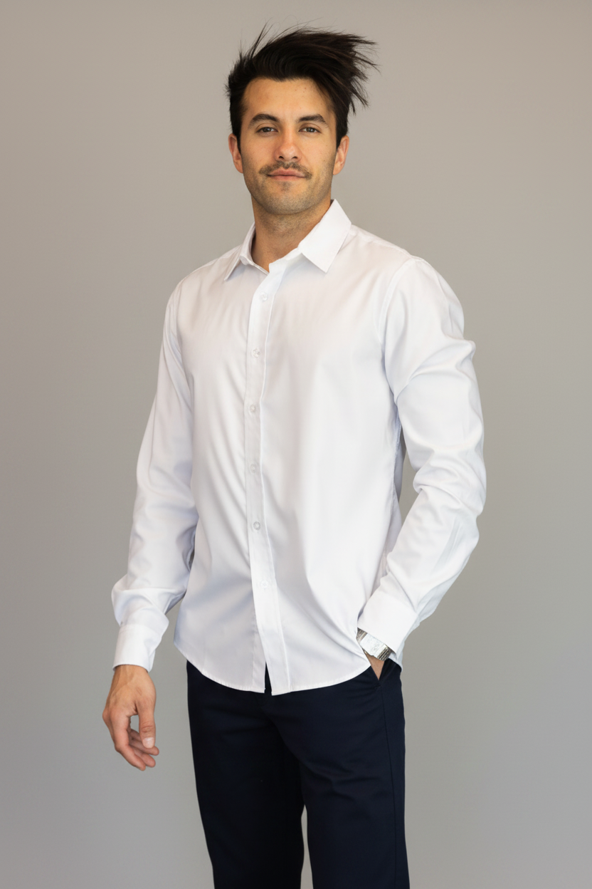 Man wearing a white shirt against a blue background
