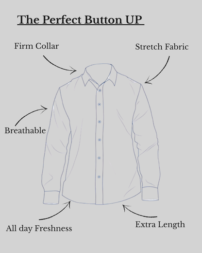 B.Balanced Co white button-up shirt featuring a firm collar, breathable stretch fabric, and extra length for comfort.